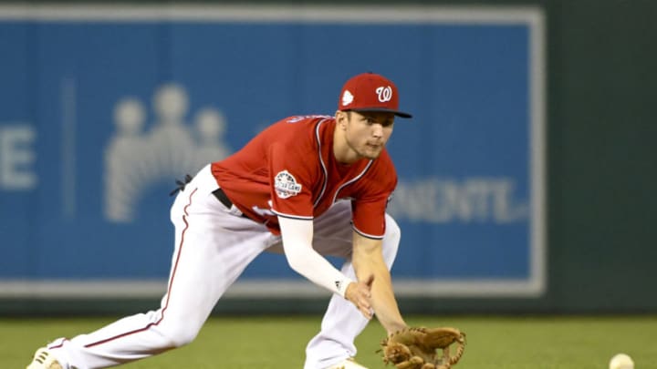 WASHINGTON, DC - JULY 07: Washington Nationals shortstop Trea Turner (7) fields an eighth inning ground ball during the game between the Miami Marlins and the Washington Nationals on July 7, 2018, at Nationals Park, in Washington D.C. The Washington Nationals defeated the Miami Marlins, 18-4, (Photo by Mark Goldman/Icon Sportswire via Getty Images)