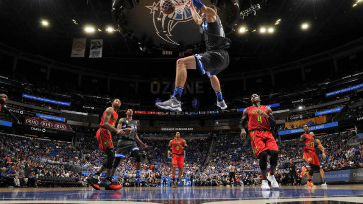 ORLANDO, FL - FEBRUARY 25: Aaron Gordon #00 of the Orlando Magic dunks against the Atlanta Hawks on February 25, 2017 at Amway Center in Orlando, Florida. NOTE TO USER: User expressly acknowledges and agrees that, by downloading and or using this photograph, User is consenting to the terms and conditions of the Getty Images License Agreement. Mandatory Copyright Notice: Copyright 2017 NBAE (Photo by Fernando Medina/NBAE via Getty Images)