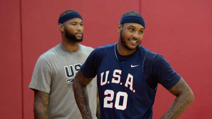 LAS VEGAS, NV - AUGUST 11: DeMarcus Cousinsa and Carmelo Anthony of the USA National Team participate in a minicamp at UNLV on August 11, 2015 in Las Vegas, Nevada. NOTE TO USER: User expressly acknowledges and agrees that, by downloading and/or using this Photograph, user is consenting to the terms and conditions of the Getty Images License Agreement. Mandatory Copyright Notice: Copyright 2015 NBAE (Photo by Andrew D. Bernstein/NBAE via Getty Images)