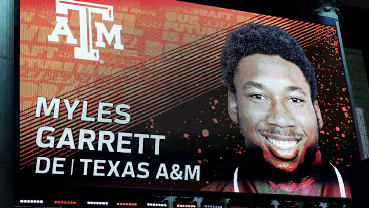 PHILADELPHIA, PA - APRIL 27: A detailed view of the screen on stage of Myles Garrett of Texas A&M after being picked #1 overall by the Cleveland Browns during the first round of the 2017 NFL Draft at the Philadelphia Museum of Art on April 27, 2017 in Philadelphia, Pennsylvania. (Photo by Elsa/Getty Images)