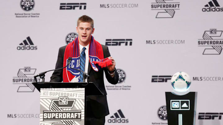 INDIANAPOLIS, IN – JANUARY 17: Walker Zimmerman of Furman speaks after being selected by FC Dallas as the seventh overall pick in the 2013 MLS SuperDraft Presented by Adidas at the Indiana Convention Center on January 17, 2013 in Indianapolis, Indiana. (Photo by Joe Robbins/Getty Images)