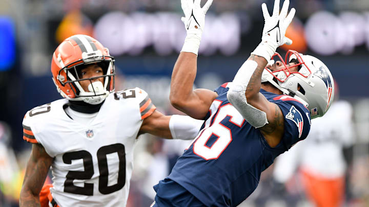 Nov 14, 2021; Foxborough, Massachusetts, USA; New England Patriots wide receiver Jakobi Meyers (16) makes a catch on a pass from quarterback Mac Jones (not seen) in front of Cleveland Browns cornerback Greg Newsome II (20) during the first half at Gillette Stadium. Mandatory Credit: Brian Fluharty-USA TODAY Sports