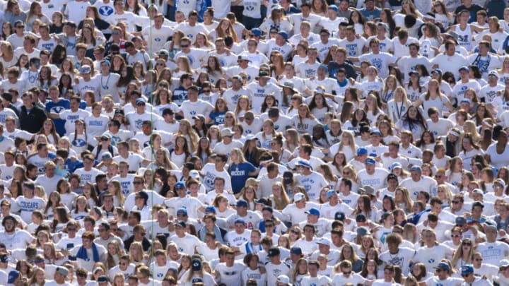 PROVO, UT - SEPTEMBER 21 : The student section cheers during the game between their BYU Cougars and the Washington Huskies at LaVell Edwards Stadium on September 21, 2019 in Provo, Utah. (Photo by Chris Gardner/Getty Images)
