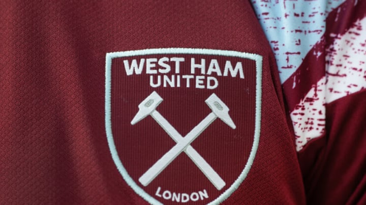 LONDON, ENGLAND - APRIL 02: A West Ham crest on the home shirt is seen prior to the Premier League match between West Ham United and Southampton FC at London Stadium on April 02, 2023 in London, England. (Photo by Visionhaus/Getty Images)