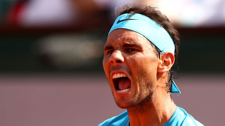 PARIS, FRANCE - JUNE 08: Rafael Nadal of Spain celebrates during his mens singles semi-final match against Juan Martin Del Potro of Argentina during day thirteen of the 2018 French Open at Roland Garros on June 8, 2018 in Paris, France. (Photo by Cameron Spencer/Getty Images)