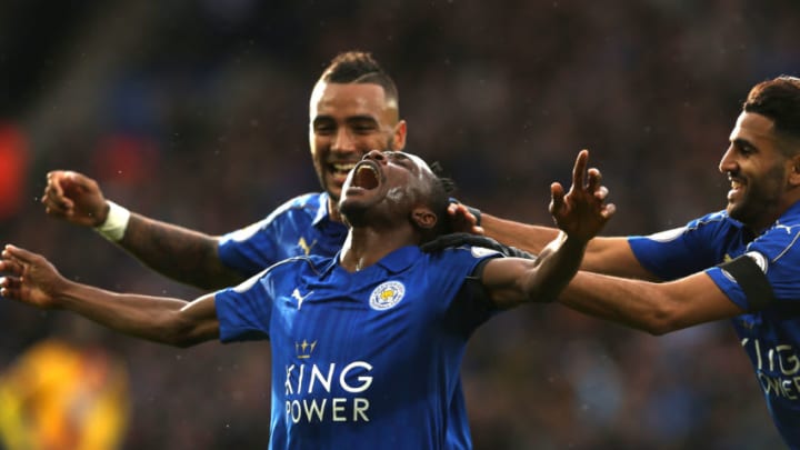 LEICESTER, ENGLAND - OCTOBER 22: Leicester City's Ahmed Musa celebrates scoring the opening goal with team-mates Danny Simpson and Riyad Mahrez during the Premier League match between Leicester City and Crystal Palace at The King Power Stadium on October 22, 2016 in Leicester, England. (Photo by Stephen White - CameraSport/CameraSport via Getty Images)