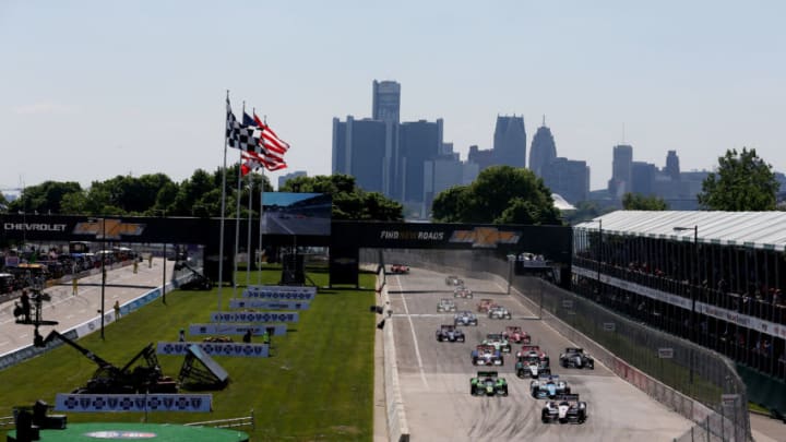 DETROIT, MI - MAY 31: Helio Castroneves of Brazil, drives the #3 Team Penske Dallara Chevrolet on the opening lap during the Verizon IndyCar Chevrolet Indy Dual 1 In Detroit at The Raceway on Belle Isle on May 31, 2014 in Detroit, Michigan. (Photo by Nick Laham/Getty Images)