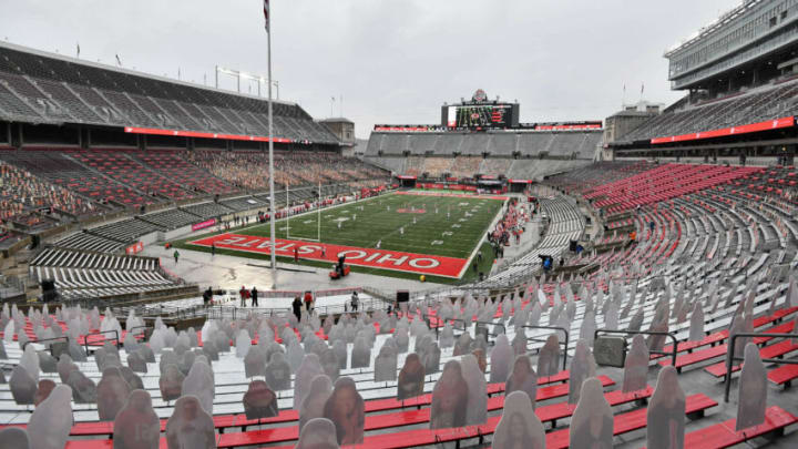 COLUMBUS, OH - NOVEMBER 21: The Ohio State Buckeyes kick off to the Indiana Hoosiers at Ohio Stadium on November 21, 2020 in Columbus, Ohio. Ohio Stadium can hold more than 100,000 fans but had none present as the Buckeyes defeated the Hoosiers 42-35. (Photo by Jamie Sabau/Getty Images)