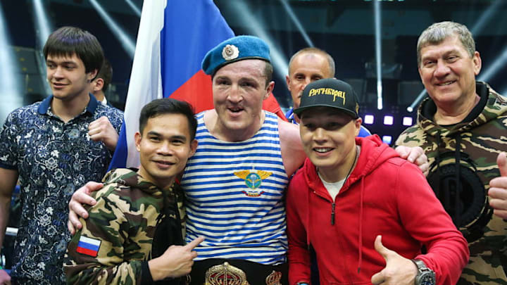 YEKATERINBURG, RUSSIA JULY 9, 2017: Russian boxer Denis Lebedev (C) seen after beating Australian boxer Mark Flanagan in a bout for the WBA super cruiserweight title at the boxing and mixed martial arts tournament in Yekaterinburg. Also pictured: Russian boxer Ruslan Provodnikov (2nd R). Valery Sharifulin/TASS (Photo by Valery SharifulinTASS via Getty Images)