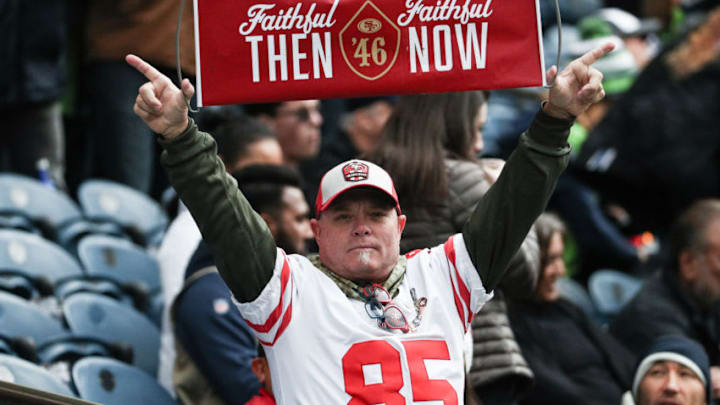 SEATTLE, WA - DECEMBER 02: A San Francisco 49ers fan in the stands for the game against the Seattle Seahawks at CenturyLink Field on December 2, 2018 in Seattle, Washington. (Photo by Abbie Parr/Getty Images)