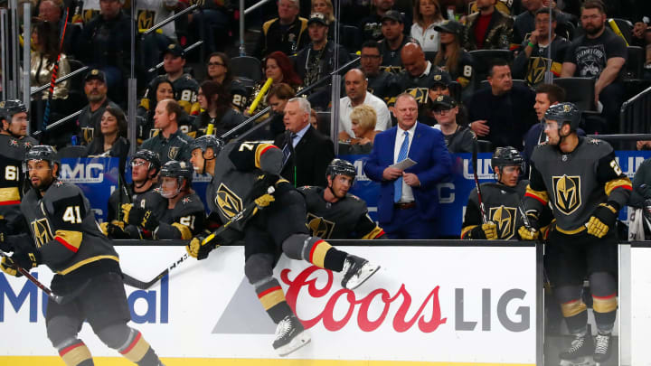 LAS VEGAS, NV – APRIL 14: Vegas Golden Knights head coach Gerard Gallant watches over a line change from the bench during a Stanley Cup Playoffs first round game between the San Jose Sharks and the Vegas Golden Knights on April 14, 2019 at T-Mobile Arena in Las Vegas, Nevada. (Photo by Jeff Speer/Icon Sportswire via Getty Images)