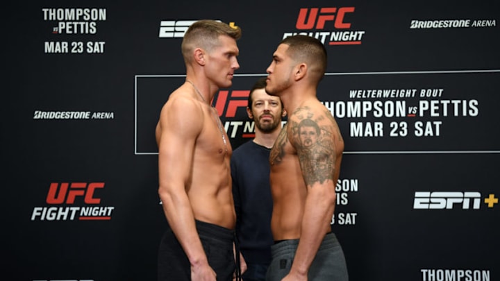FRANKLIN, TENNESSEE - MARCH 22: (L-R) Stephen Thompson and Antony Pettis face off during the UFC Fight Night weigh-in at Hilton Franklin Cool Springs on March 22, 2019 in Franklin, Tennessee. (Photo by Jeff Bottari/Zuffa LLC/Zuffa LLC via Getty Images)