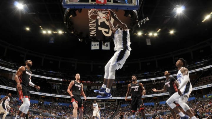ORLANDO, FL - OCTOBER 7: Bismack Biyombo #11 of the Orlando Magic dunks against the Miami Heat during a preseason game on October 8, 2017 at Amway Center in Orlando, Florida. NOTE TO USER: User expressly acknowledges and agrees that, by downloading and or using this photograph, User is consenting to the terms and conditions of the Getty Images License Agreement. Mandatory Copyright Notice: Copyright 2017 NBAE (Photo by Fernando Medina/NBAE via Getty Images)