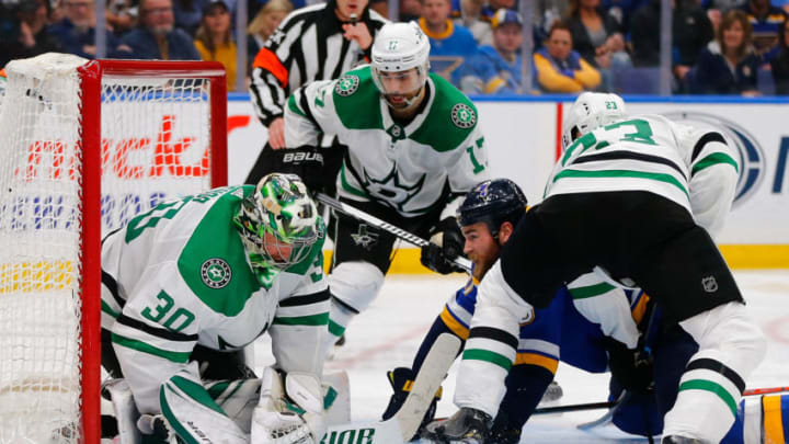 ST. LOUIS, MO - MAY 3: Ben Bishop #30 of the Dallas Stars makes a save against Ryan O'Reilly #90 of the St. Louis Blues in Game Five of the Western Conference Second Round during the 2019 NHL Stanley Cup Playoffs at the Enterprise Center on May 3, 2019 in St. Louis, Missouri. (Photo by Dilip Vishwanat/Getty Images)