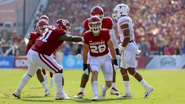 Oct 8, 2022; Dallas, Texas, USA; Oklahoma Sooners linebacker Danny Stutsman (28) reacts during the first half against the Texas Longhorns at the Cotton Bowl. Mandatory Credit: Kevin Jairaj-USA TODAY Sports