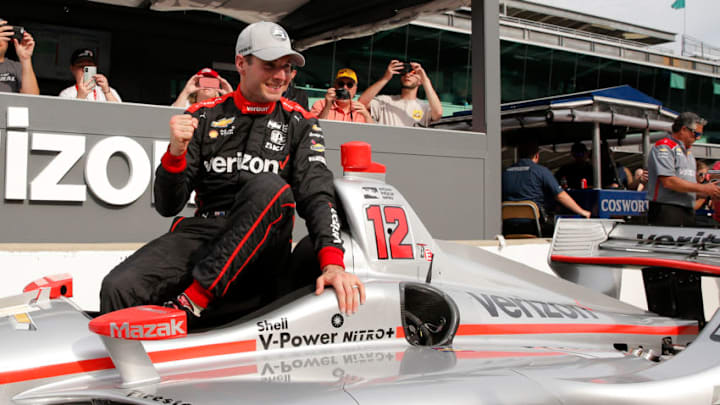 INDIANAPOLIS, IN - MAY 11: Indycar driver Will Power (12) of Team Penske reacts as he gets out of his car after winning the pole during qualifications for the IndyCar Grand Prix on May 11, 2018, at the Indianapolis Motor Speedway Road Course in Indianapolis, Indiana.(Photo by Jeffrey Brown/Icon Sportswire via Getty Images)