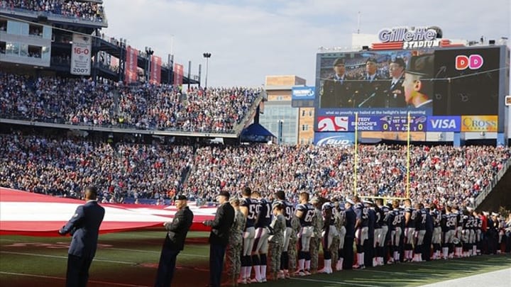Nov 11, 2012; Foxborough, MA, USA; The start of the game against the New England Patriots and the Buffalo Bills at Gillette Stadium. The Patriots defeated the Bills 37-31. Mandatory Credit: David Butler II-USA TODAY Sports