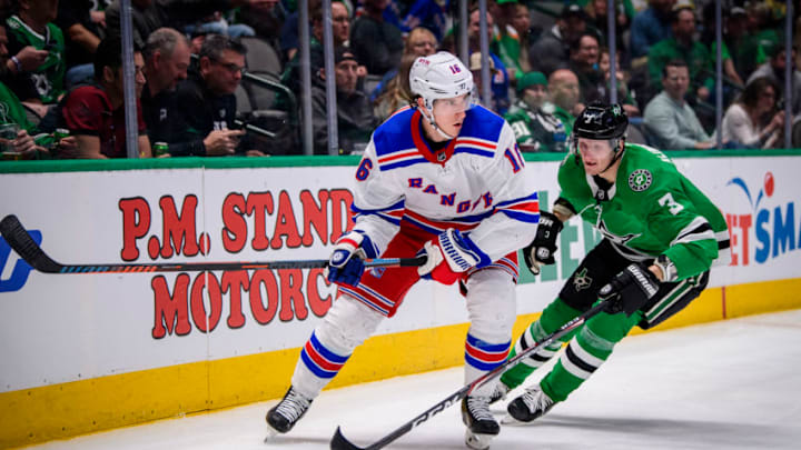 Mar 10, 2020; Dallas, Texas, USA; New York Rangers center Ryan Strome (16) and Dallas Stars defenseman John Klingberg (3) in action during the game between the Rangers and the Stars at the American Airlines Center. Mandatory Credit: Jerome Miron-USA TODAY Sports