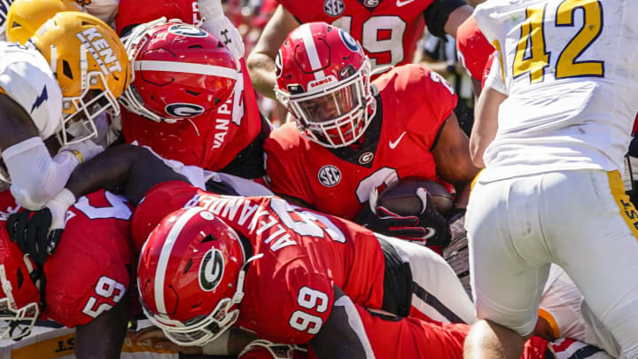 Sep 24, 2022; Athens, Georgia, USA; Georgia Bulldogs running back Kendall Milton (2) scores a touchdown against the Kent State Golden Flashes during the second half at Sanford Stadium. Mandatory Credit: Dale Zanine-USA TODAY Sports