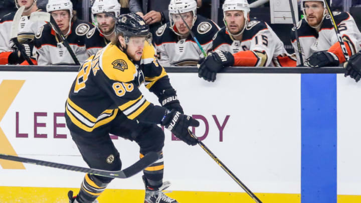 BOSTON, MA - OCTOBER 14: Boston Bruins right wing David Pastrnak (88) skates with the puck during the Anaheim Ducks and Boston Bruins NHL game on October 14, 2019, at TD Garden in Boston, MA. (Photo by John Crouch/Icon Sportswire via Getty Images)