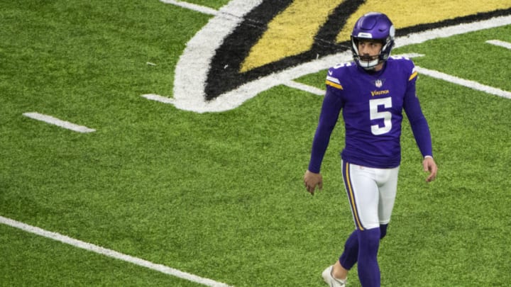 MINNEAPOLIS, MN - DECEMBER 6: Dan Bailey #5 of the Minnesota Vikings looks up at a replay after missing a go-ahead field goal in the fourth quarter of the game against the Jacksonville Jaguars at U.S. Bank Stadium on December 6, 2020 in Minneapolis, Minnesota. (Photo by Stephen Maturen/Getty Images)