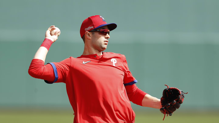 FORT MYERS, FLORIDA – FEBRUARY 27: Neil Walker #12 of the Philadelphia Phillies in action against the Boston Red Sox during a Grapefruit League spring training game at JetBlue Park at Fenway South on February 27, 2020 in Fort Myers, Florida. (Photo by Michael Reaves/Getty Images)