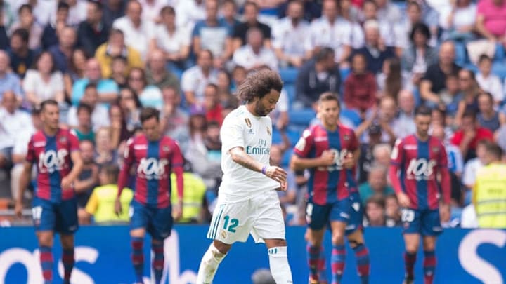 MADRID, SPAIN - SEPTEMBER 09: Marcelo of Real Madrid CF reacts after Levante scored their opening goal during the La Liga match between Real Madrid and Levante at Estadio Santiago Bernabeu on September 9, 2017 in Madrid, . (Photo by Denis Doyle/Getty Ima