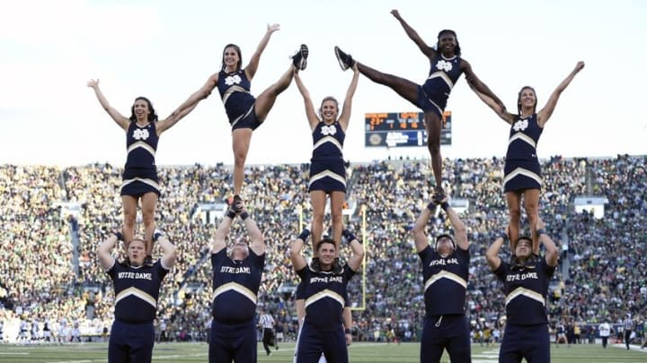 Sep 19, 2015; South Bend, IN, USA; Notre Dame Fighting Irish cheerleaders perform during a time-out against the Georgia Tech Yellow Jackets at Notre Dame Stadium. Mandatory Credit: RVR Photos-USA TODAY Sports