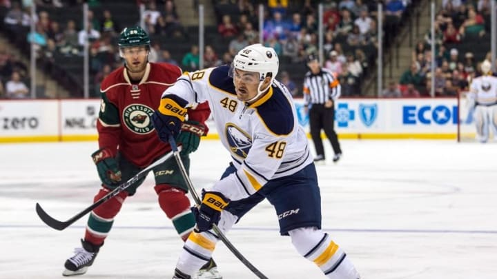 Sep 21, 2015; Saint Paul, MN, USA; Buffalo Sabres forward William Carrier (48) shoots during the first period against the Minnesota Wild at Xcel Energy Center. Mandatory Credit: Brace Hemmelgarn-USA TODAY Sports