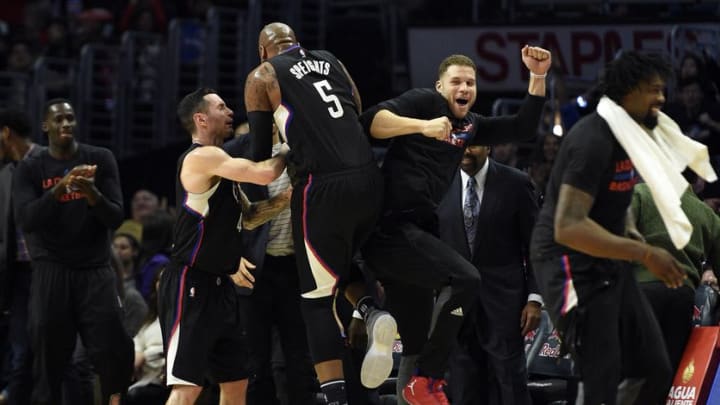 Dec 10, 2016; Los Angeles, CA, USA; LA Clippers forward Marreese Speights (5) celebrates with Los Angeles Clippers forward Blake Griffin (right) during the third quarter against the New Orleans Pelicans at Staples Center. The Los Angeles Clippers won 133-105. Mandatory Credit: Kelvin Kuo-USA TODAY Sports