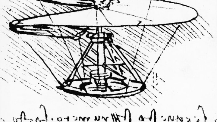 A sketch of an early helicopter prototype drawn by Leonardo da Vinci in 1483.