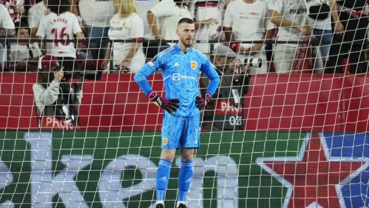 SEVIILLE, SPAIN - 20 April: David de Gea goalkeeper of Manchester United and Spain gets upset after Sevilla third goal during the UEFA Europa League quarterfinal second leg match between Sevilla FC and Manchester United at Estadio Ramon Sanchez Pizjuan on April 20, 2023 in Seville, Spain. (Photo by Jose Hernandez/Anadolu Agency via Getty Images)
