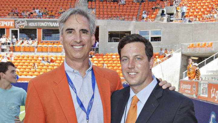 HOUSTON, TX - MAY 12: Former Dynamo President Oliver Luck and Houston Dynamo President Chris Canetti during pre-game activity at the inaugural opening at BBVA Compass Stadium on May 12, 2012 in Houston, Texas. (Photo by Bob Levey/Getty Images)