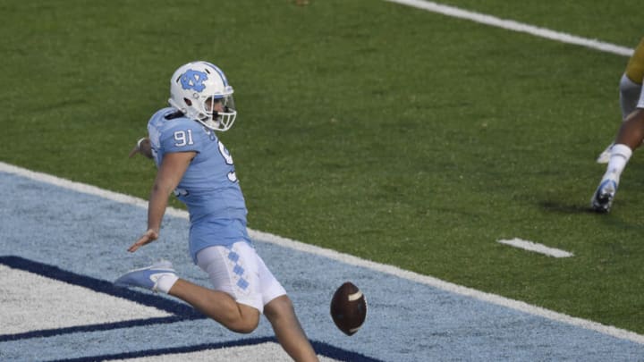 Nov 27, 2020; Chapel Hill, North Carolina, USA; North Carolina Tar Heels punter Ben Kiernan (91) punts in the second quarter at Kenan Memorial Stadium. Mandatory Credit: Bob Donnan-USA TODAY Sports