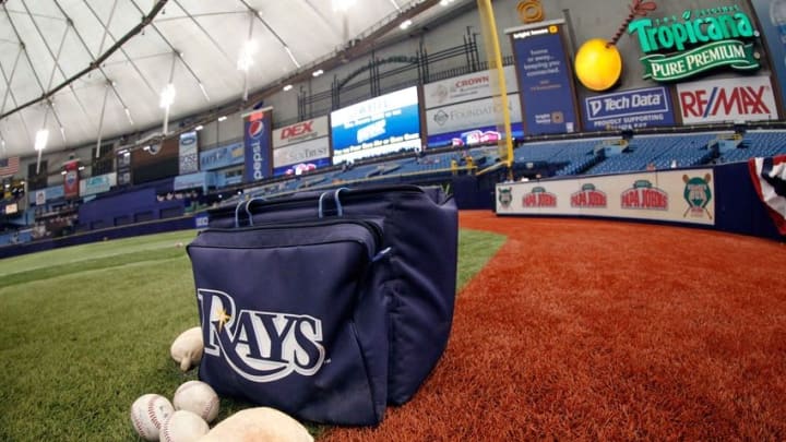 Apr 6, 2015; St. Petersburg, FL, USA; A general view of a Tampa Bay Rays bag, rosin and baseballs lay in the bullpen prior to the game against the Baltimore Orioles at Tropicana Field. Mandatory Credit: Kim Klement-USA TODAY Sports