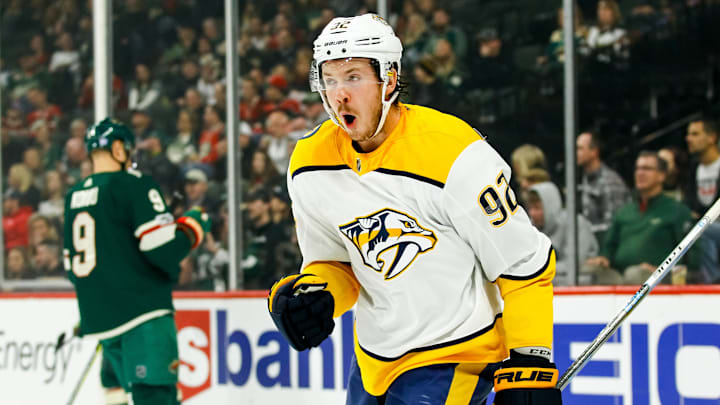 ST. PAUL, MN – NOVEMBER 16: Nashville Predators center Ryan Johansen (92) reacts after scoring in the 1st period to make it 1-0 during the Central Division game between the Nashville Predators and the Minnesota Wild on November 16, 2017 at Xcel Energy Center in St. Paul, Minnesota. (Photo by David Berding/Icon Sportswire via Getty Images)