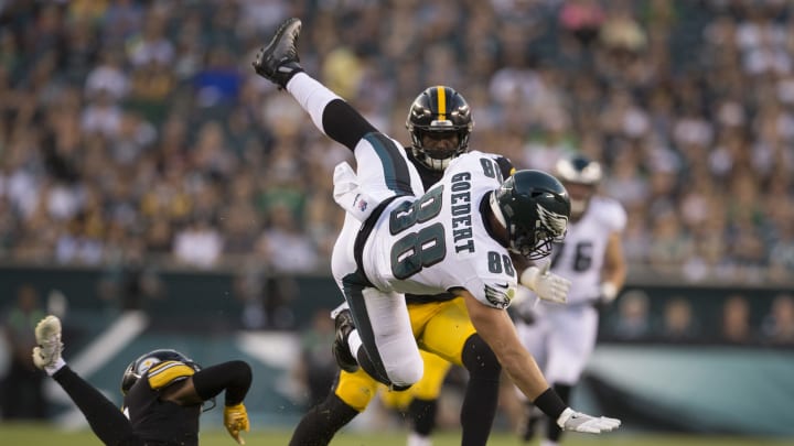 PHILADELPHIA, PA – AUGUST 09: Dallas Goedert #88 of the Philadelphia Eagles runs with the ball and is tackled by Nat Berhe #31 of the Pittsburgh Steelers in the second quarter during the preseason game at Lincoln Financial Field on August 9, 2018 in Philadelphia, Pennsylvania. (Photo by Mitchell Leff/Getty Images)