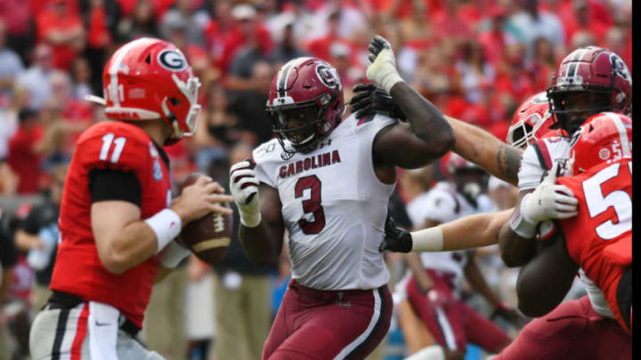 ATHENS, GA - OCTOBER 12: South Carolina Gamecocks Defensive Linemen Javon Kinlaw (3) during the game between the South Carolina Gamecocks and the Georgia Bulldogs on October 12, 2019 at Sanford Stadium in Athens, Ga.(Photo by Jeffrey Vest/Icon Sportswire via Getty Images)
