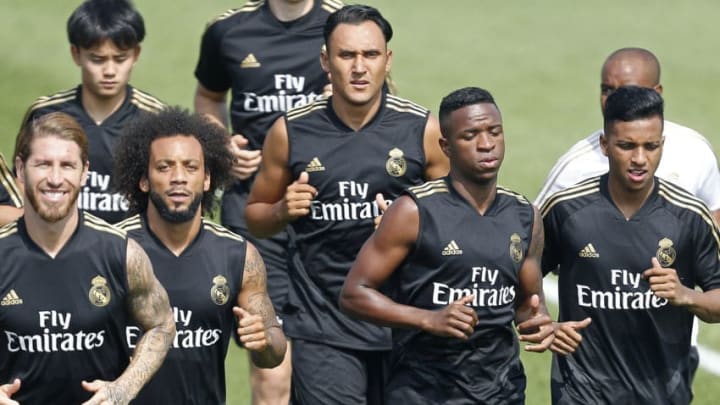 MONTREAL, CANADA - JULY 10: Sergio Ramos of Real Madrid, Marcelo Vieira of Real Madrid, Keylor Navas of Real Madrid, Vinicius Jr. of Real Madrid, Rodrygo of Real Madrid, Takefusa Kubo of Real Madrid look on during the Real Madrid Pre-Season Training Camp on July 10, 2019 in Montreal, Canada. (Photo by TF-Images/Getty Images)