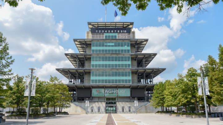 INDIANAPOLIS, IN - AUGUST 19: The brickyard path runs through the Pagoda to create the start-finish line on the Indianapolis Motor Speedway track on the opposite side and is the site of round 4 play of the Indy Women in Tech Championship on August 19, 2018 at Brickyard Crossing Golf Club, Indianapolis, Indiana. (Photo by Ken Murray/Icon Sportswire via Getty Images)