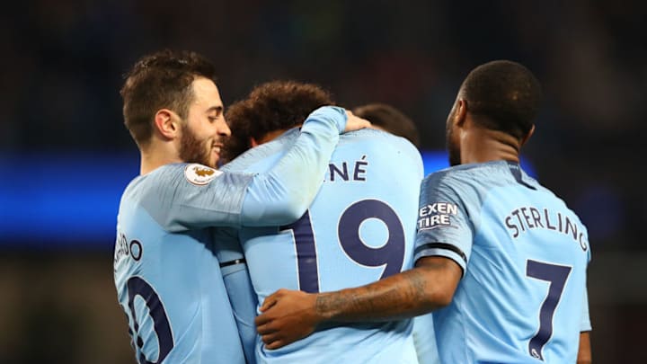 MANCHESTER, ENGLAND - NOVEMBER 04: Leroy Sane of Manchester City celebrates with teammates after scoring his team's sixth goal during the Premier League match between Manchester City and Southampton FC at Etihad Stadium on November 4, 2018 in Manchester, United Kingdom. (Photo by Clive Brunskill/Getty Images)