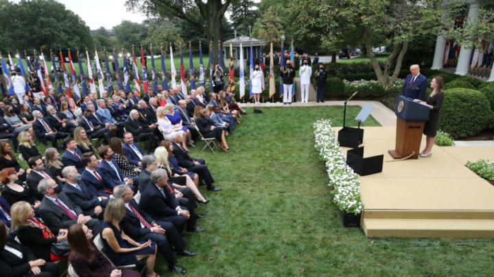 Judge Amy Coney Barrett (R) speaks in the Rose Garden (Photo by Chip Somodevilla/Getty Images)