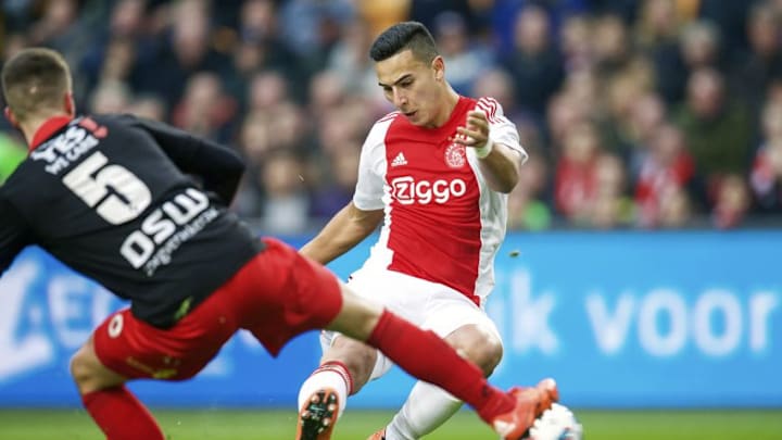 (L-R) Bas Kuipers of Excelsior, Anwar El Ghazi of Ajax during the Dutch Eredivisie match between Ajax Amsterdam and Excelsior Rotterdam at the Amsterdam Arena on February 21, 2016 in Amsterdam, The Netherlands(Photo by VI Images via Getty Images)