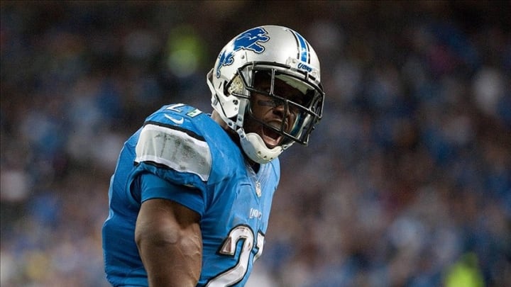 Nov 28, 2013; Detroit, MI, USA; Detroit Lions running back Reggie Bush (21) celebrates during the second quarter against the Green Bay Packers during a NFL football game on Thanksgiving at Ford Field. Mandatory Credit: Tim Fuller-USA TODAY Sports