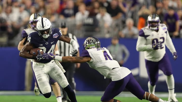 GLENDALE, AZ – DECEMBER 30: Running back Miles Sanders #24 of the Penn State Nittany Lions rushes the football against the Washington Huskies during the second half of the Playstation Fiesta Bowl at University of Phoenix Stadium on December 30, 2017 in Glendale, Arizona. The Nittany Lions defeated the Huskies 35-28. (Photo by Christian Petersen/Getty Images)