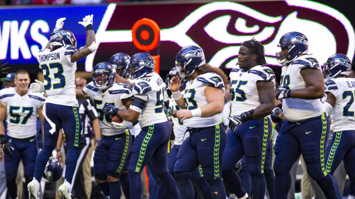 ATLANTA, GA – OCTOBER 27: The Seattle Seahawks celebrate an interception by Mychal Kendricks #56 during the second quarter of a game at Mercedes-Benz Stadium on October 27, 2019 in Atlanta, Georgia. (Photo by Carmen Mandato/Getty Images)