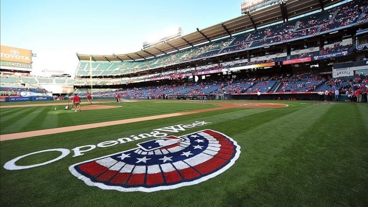 April 9, 2013; Anaheim, CA, USA; General view of opening week logo on field before the Los Angeles Angels play against the Oakland Athletics at Angel Stadium of Anaheim. Mandatory Credit: Gary A. Vasquez-USA TODAY Sports