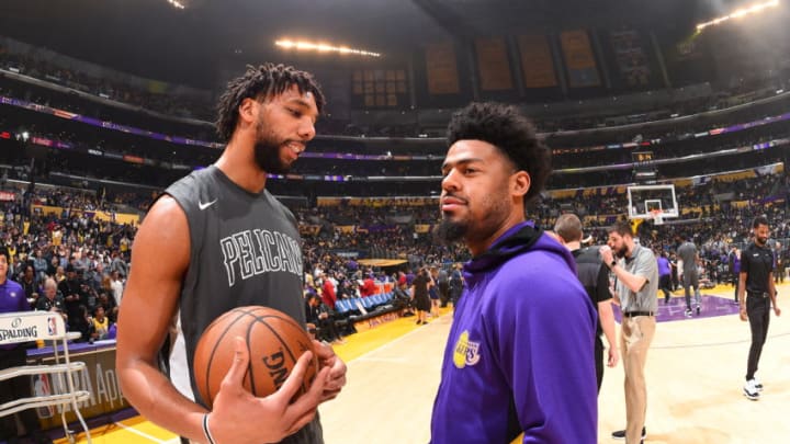 LOS ANGELES, CA - JANUARY 3: Jahlil Okafor #8 of the New Orleans Pelicans and Quinn Cook #2 of the Los Angeles Lakers talk prior to a game on January 3, 2020 at STAPLES Center in Los Angeles, California. NOTE TO USER: User expressly acknowledges and agrees that, by downloading and/or using this Photograph, user is consenting to the terms and conditions of the Getty Images License Agreement. Mandatory Copyright Notice: Copyright 2020 NBAE (Photo by Andrew D. Bernstein/NBAE via Getty Images)