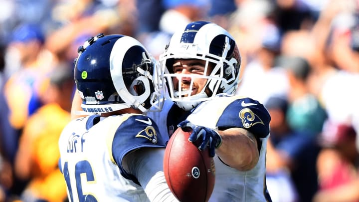 LOS ANGELES, CA – SEPTEMBER 16: Tyler Higbee #89 of the Los Angeles Rams celebrates his touchdown with Jared Goff #16 to take a 34-0 lead over the Arizona Cardinals during the fourth quarter at Los Angeles Memorial Coliseum on September 16, 2018 in Los Angeles, California. (Photo by Harry How/Getty Images)