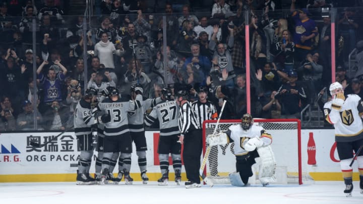 LOS ANGELES, CA - NOVEMBER 16: Los Angeles Kings celebrate Nikolai Prokhorkin #74 of the Los Angeles Kings goal during the second period against the Vegas Golden Knights at STAPLES Center on November 16, 2019 in Los Angeles, California. (Photo by Juan Ocampo/NHLI via Getty Images)